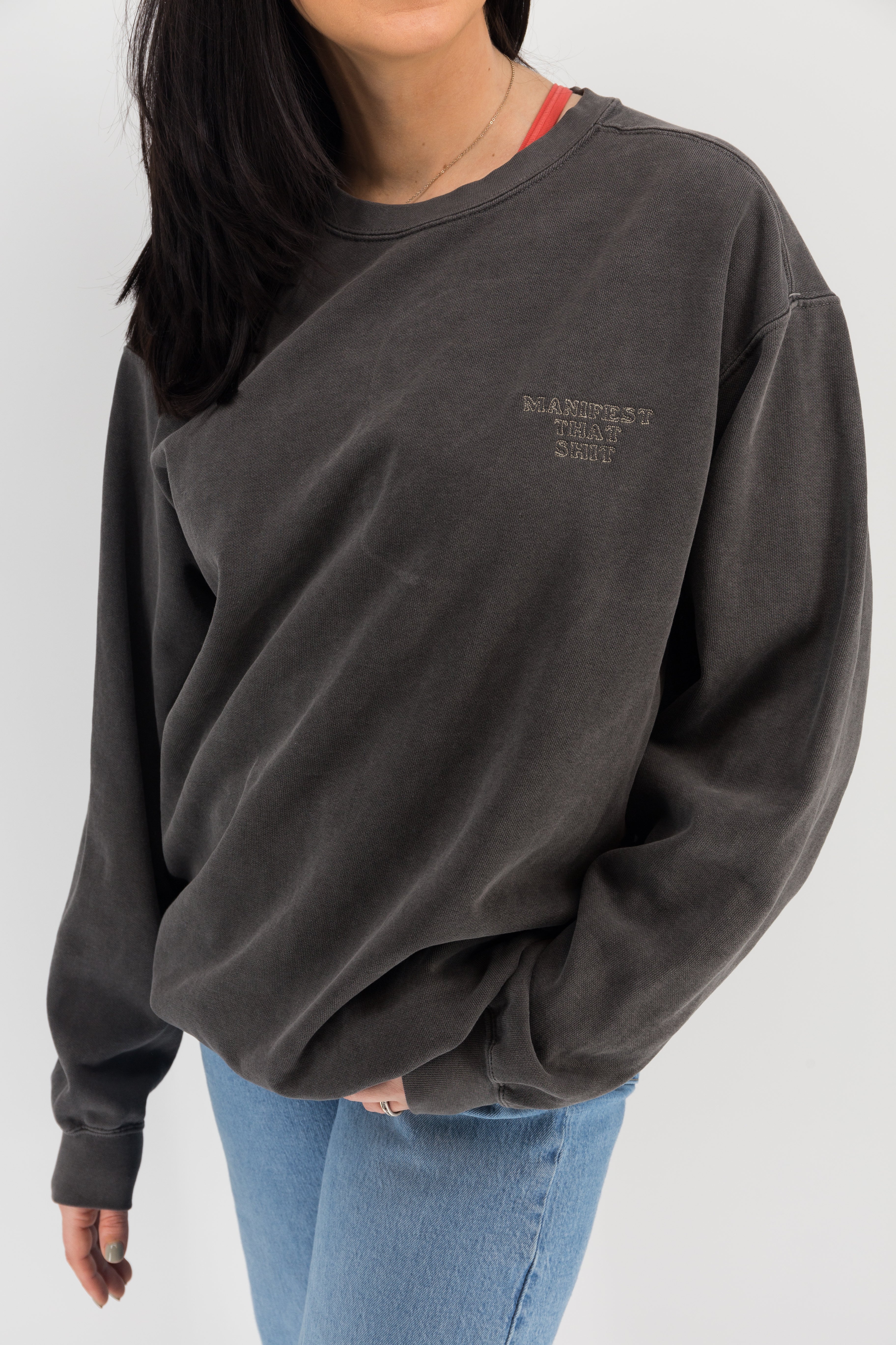 Manifest That Shit - Minimalist Charcoal Gray Embroidered Crewneck Sweatshirt